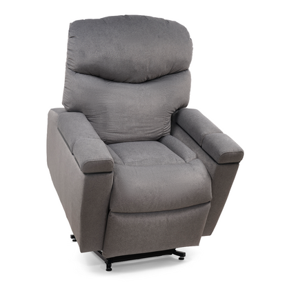 The Golden Tech PR525 Cloud+ Recliner With Lift Assist & Twilight - SM is a plush gray memory foam chair with padded armrests and a cushioned backrest, displayed on a white background.