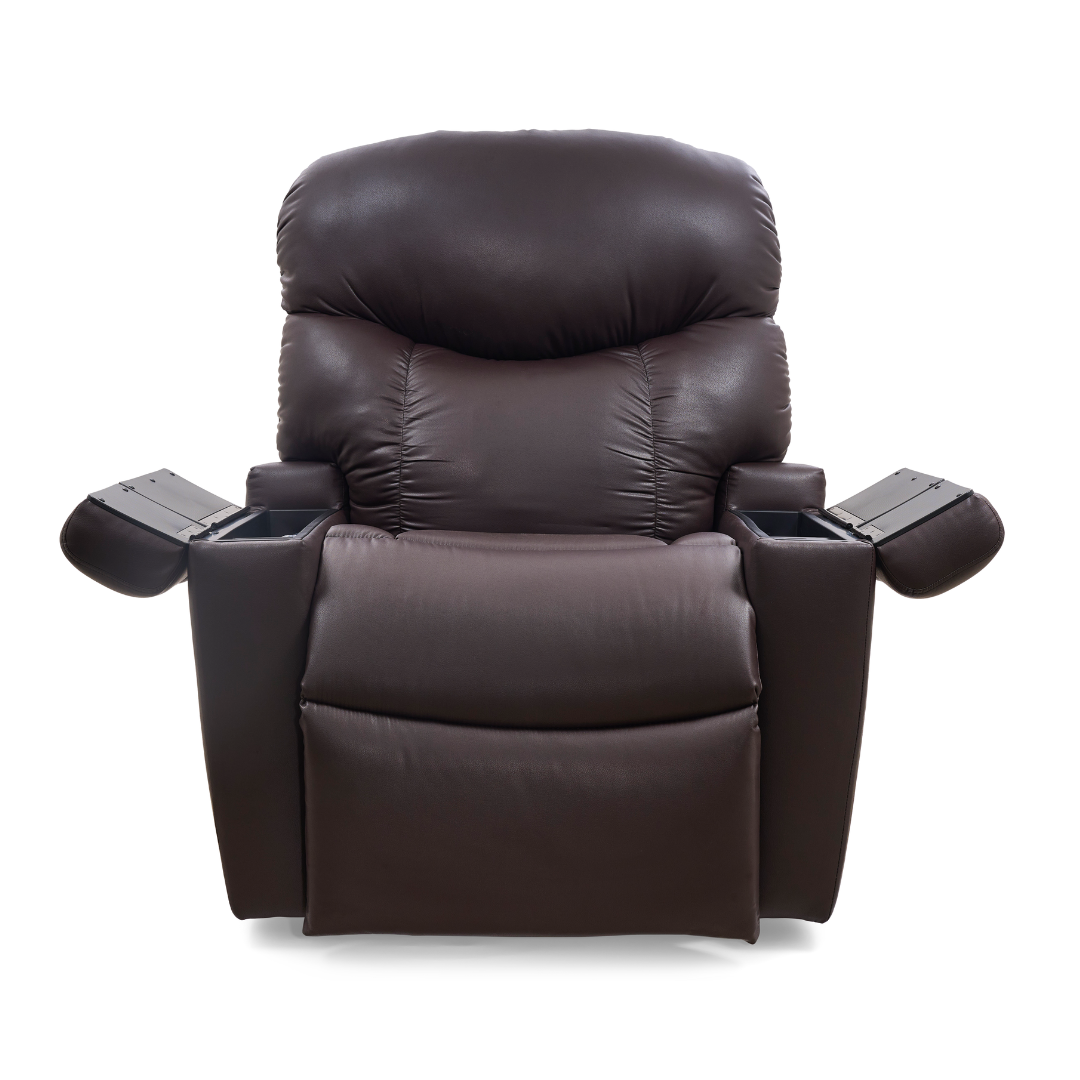 The Golden Tech PR525 Cloud+ Recliner With Lift Assist & Twilight - SM is a plush, dark brown leather power lift chair with padded armrests featuring hidden storage, shown isolated on a white background.