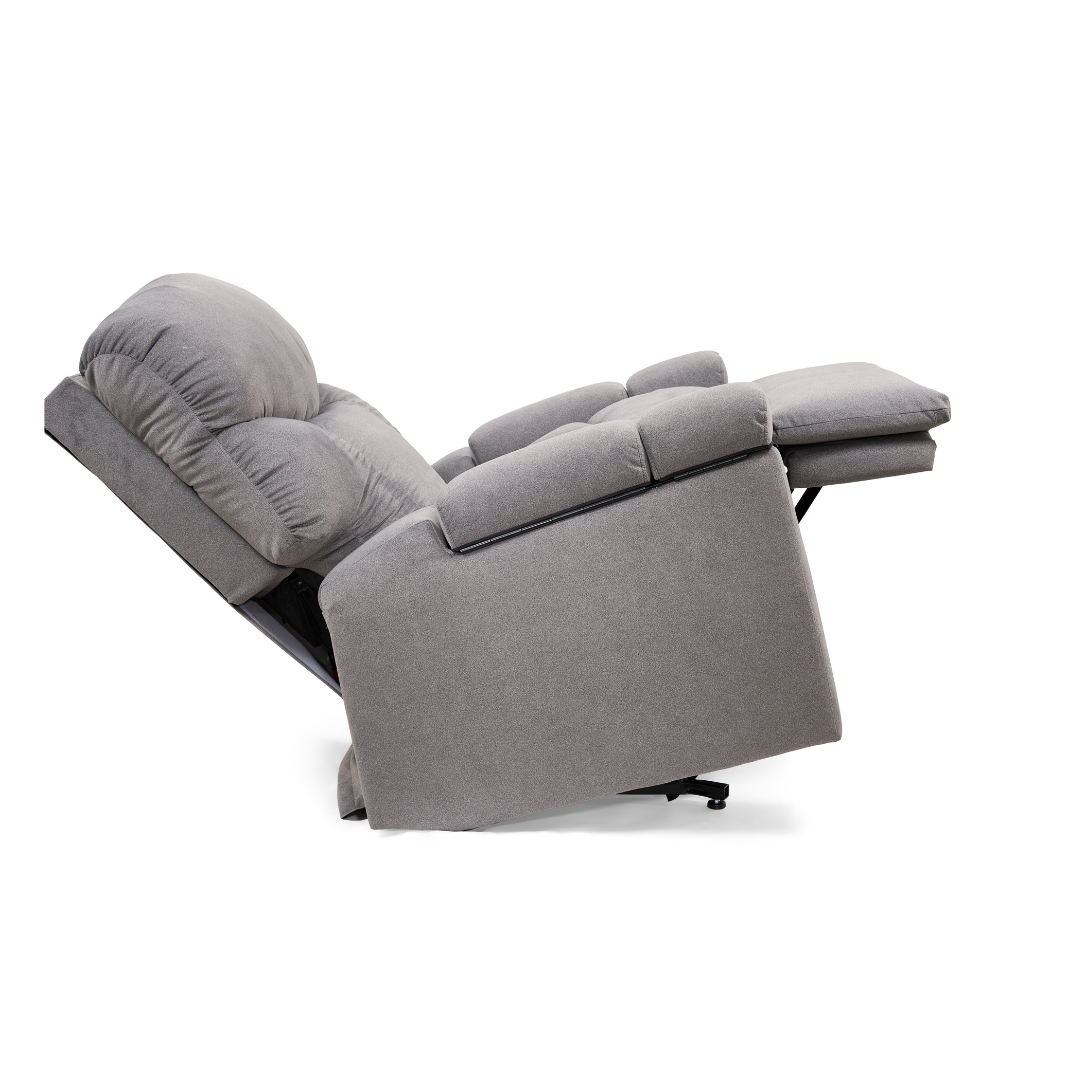 The Golden Tech PR525 Cloud+ Recliner With Lift Assist & Twilight - SM is fully extended, showcasing its padded seat, backrest, and footrest on a white background.