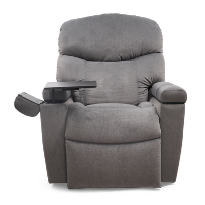The Golden Tech PR525 Cloud+ Recliner With Lift Assist & Twilight - SM is a plush gray lift chair with thick cushioning, a tray table on one armrest, and a storage compartment on the other, shown against a white background.
