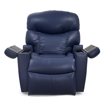 The Golden Tech PR525 Cloud+ Recliner with Lift Assist & Twilight - SM is a blue leather chair featuring thick cushions, two cup holders, and storage compartments in both armrests, shown facing forward on a white background.