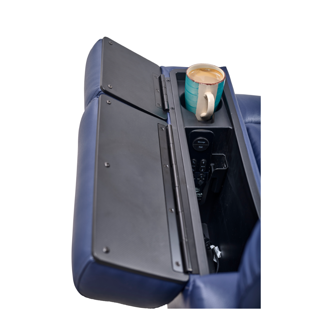 A close-up of the Golden Tech PR525 Cloud+ Recliner With Lift Assist & Twilight - SM shows a blue armrest featuring an open storage compartment with a remote and charging ports inside, plus a cup of coffee placed on top.