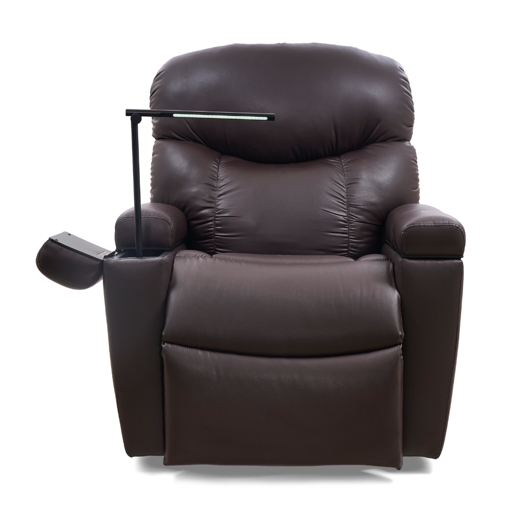 The Golden Tech PR525 Cloud+ Recliner With Lift Assist & Twilight - SM is a plush brown leather power lift chair featuring a built-in cup holder on one armrest and a slim modern reading lamp on the other, set against a white background.