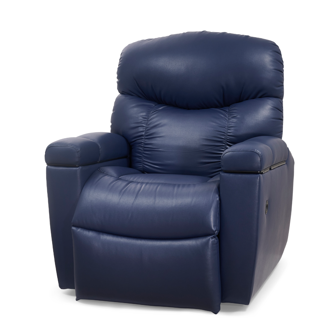 The Golden Tech PR525 Cloud+ Recliner With Lift Assist & Twilight - SM, in dark blue memory foam, features plush armrests and a high cushioned back, displayed against a plain white background.