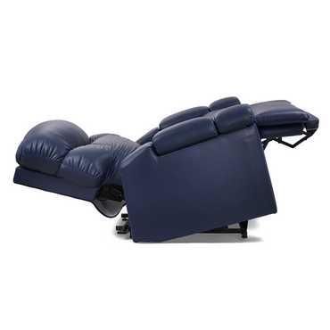 The Golden Tech PR525 Cloud+ Recliner With Lift Assist & Twilight - SM, shown fully extended in navy blue with cushioned armrests, backrest, and footrest, is viewed from the side against a white background.