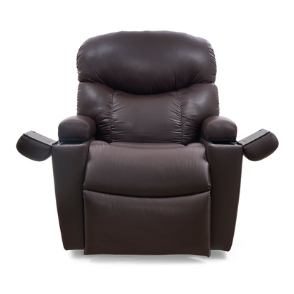The Golden Tech PR525 Cloud+ Recliner With Lift Assist & Twilight - SM is a large, cushioned brown leather power lift recliner with wide, outward-angled armrests, shown from the front against a white background.