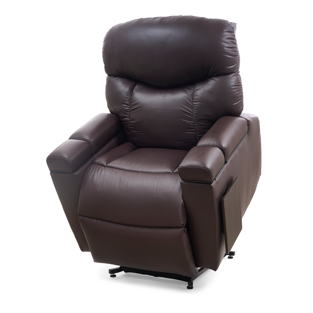 The Golden Tech PR525 Cloud+ Recliner With Lift Assist & Twilight - SM is a dark brown leather chair with plush cushioning, wide armrests, and a side pocket, shown against a plain white background.