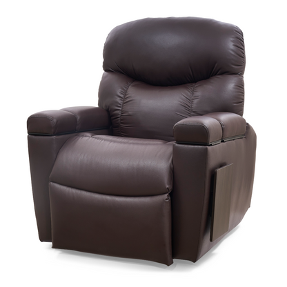 The Golden Tech PR525 Cloud+ Recliner With Lift Assist & Twilight - SM is a plush, spacious dark brown leather chair with memory foam, padded armrests and backrest, a handy side pocket, and is shown against a white background.