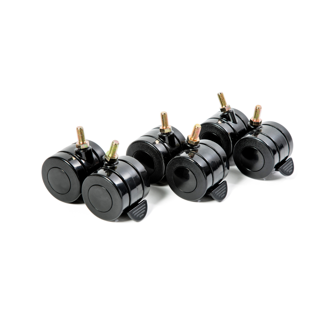 Six black caster wheels with threaded metal posts and black adjustment levers, ideal for enhancing safety and functionality, are arranged in two rows. Theyre perfect for furniture or office chairs and compatible with Golden Tech Passport Homecare Bed Accessories.