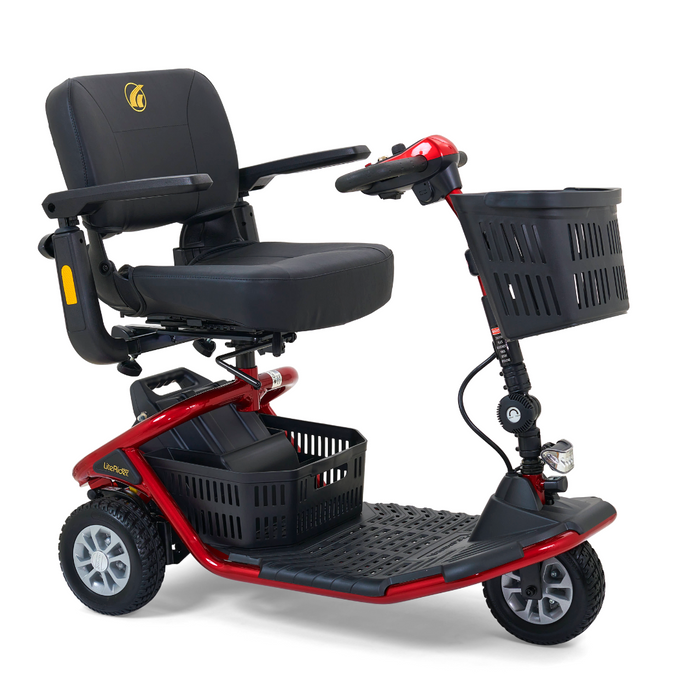 The Golden Tech GL111 LiteRider 3-Wheel Mobility Scooter, in red and black, offers enhanced mobility with a cushioned seat, armrests, Delta Tiller steering, and a front basket for storage to ensure comfort and convenience on every ride.