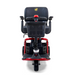 The Golden Tech GL111 LiteRider 3-Wheel Mobility Scooter features a front view showcasing its red frame, black seat, and basket. It has a Delta Tiller for easy steering and a headlight on the front wheel for enhanced safety.