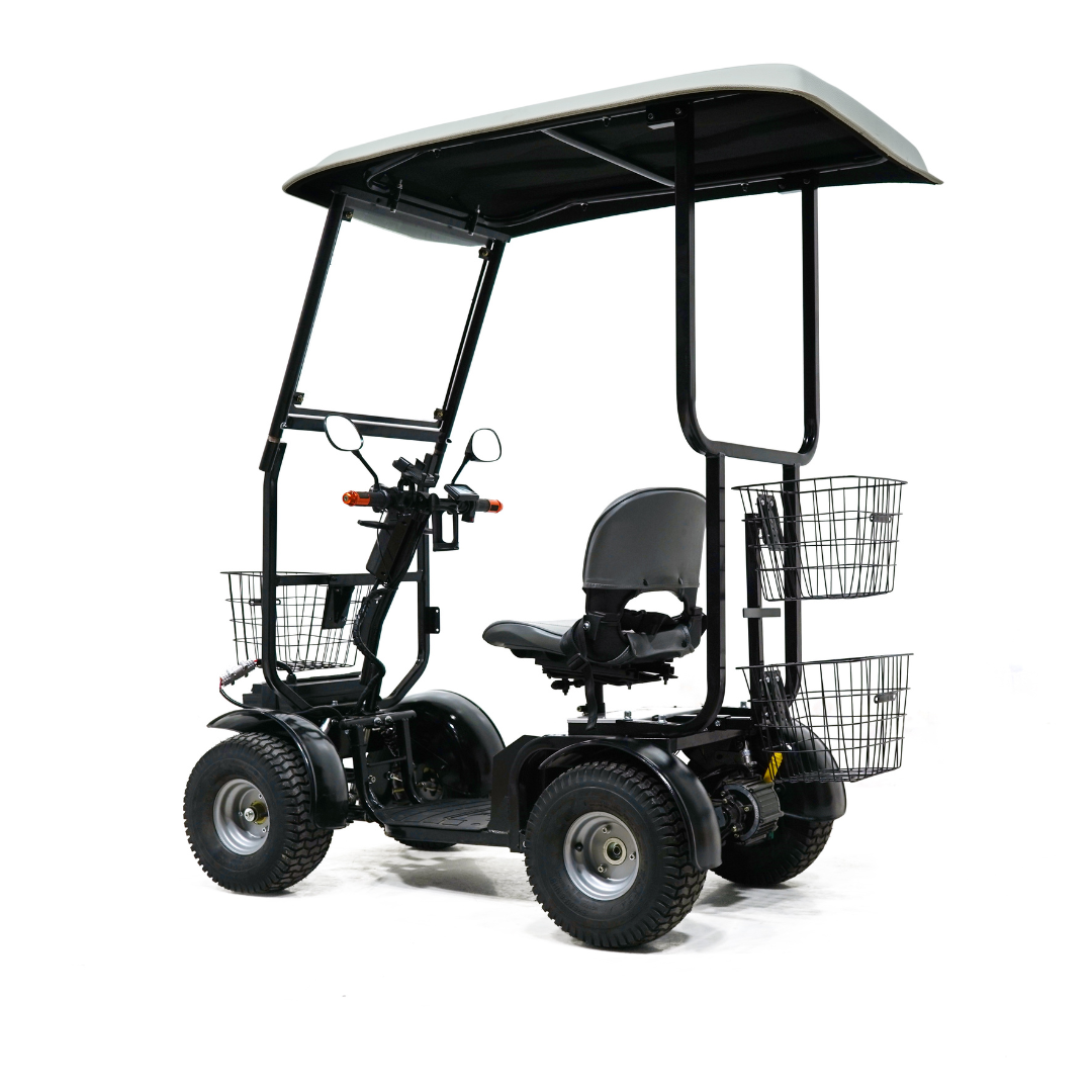 The Green Transporter Cheeta Ninja All-Terrain HD Scooter Golf Cart is a four-wheeled, off-road scooter with a canopy, black frame, large tires, padded seat with armrests, and three wire baskets for easy transport of your items.