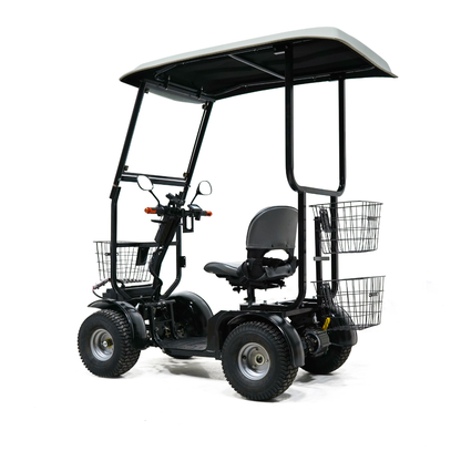 The Green Transporter Cheeta Ninja All-Terrain HD Scooter Golf Cart is a four-wheeled, off-road scooter with a canopy, black frame, large tires, padded seat with armrests, and three wire baskets for easy transport of your items.