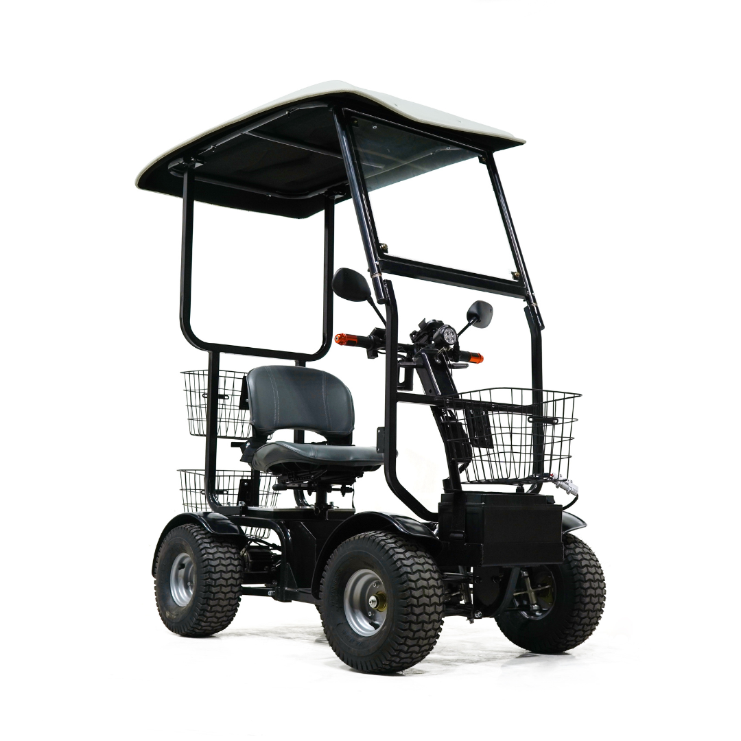 The Green Transporter Cheeta Ninja All-Terrain HD Scooter Golf Cart is a powerful, four-wheeled scooter with a roof canopy, black frame, padded seat, handlebars, and front and rear metal baskets, shown on a white background.