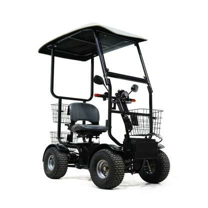 The Green Transporter Cheeta Ninja All-Terrain HD Scooter Golf Cart is a powerful, four-wheeled scooter with a roof canopy, black frame, padded seat, handlebars, and front and rear metal baskets, shown on a white background.