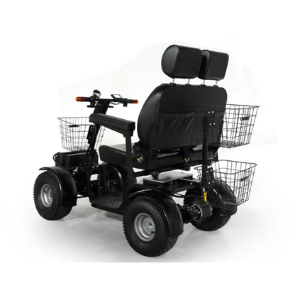 A black Green Transporter Cheeta Ninja All-Terrain HD Scooter Golf Cart with four wheels, double seat, two headrests, off-road tires, and rear storage baskets is shown on a white background.