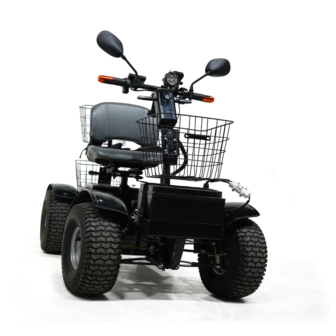 The Green Transporter Cheeta Ninja All-Terrain HD Scooter Golf Cart is a black, four-wheeled mobility scooter with front and rear baskets, mirrors, and large tires—ideal for off-road use. Shown from the front on a white background.