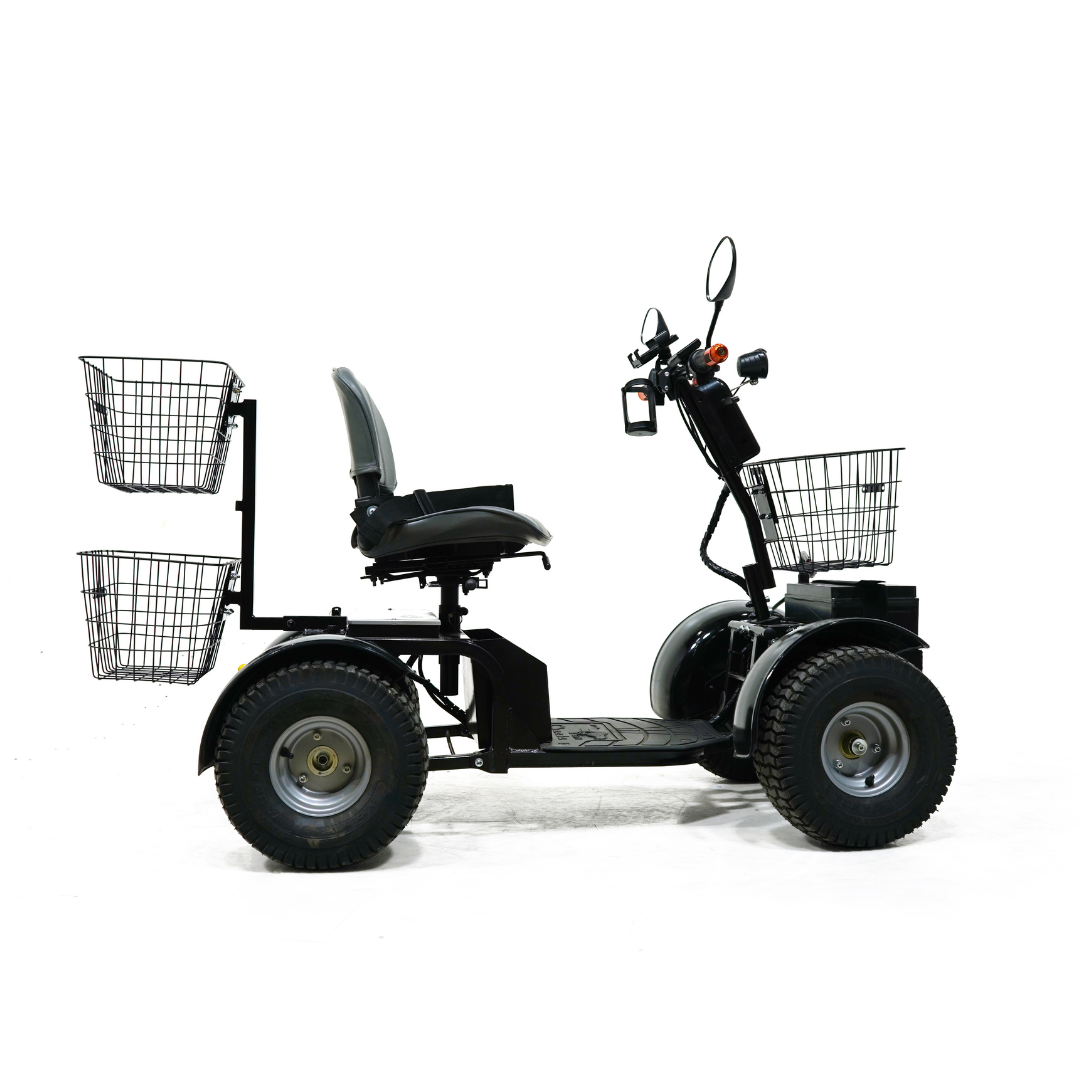 Side view of the Green Transporter Cheeta Ninja All-Terrain HD Scooter Golf Cart with four wheels, three wire baskets, large tires, a single seat, handlebars, and rearview mirrors—ideal for eco-friendly transport—on a white background.