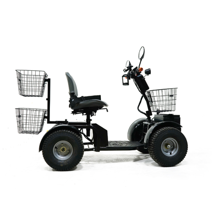Side view of the Green Transporter Cheeta Ninja All-Terrain HD Scooter Golf Cart with four wheels, three wire baskets, large tires, a single seat, handlebars, and rearview mirrors—ideal for eco-friendly transport—on a white background.