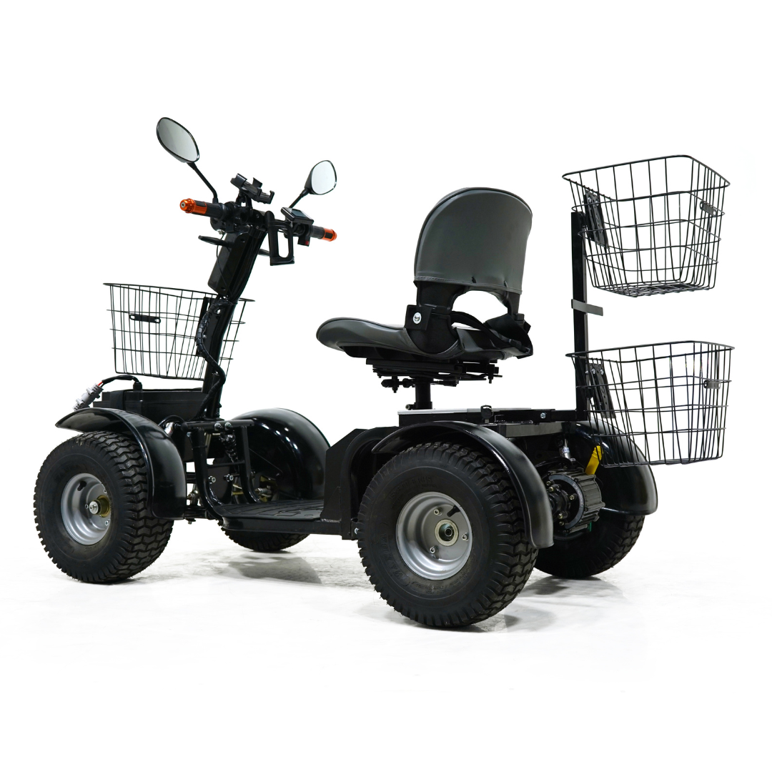 The Green Transporter Cheeta Ninja All-Terrain HD Scooter Golf Cart is a four-wheel electric off-road scooter with large tires, padded seat with armrests, rearview mirrors, and front and rear wire baskets on a white background.