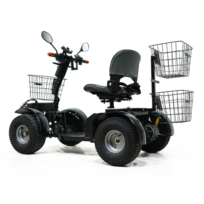The Green Transporter Cheeta Ninja All-Terrain HD Scooter Golf Cart is a four-wheel electric off-road scooter with large tires, padded seat with armrests, rearview mirrors, and front and rear wire baskets on a white background.