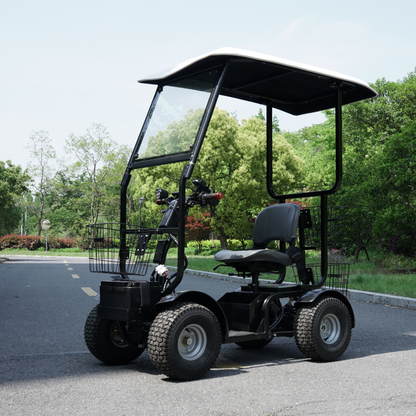 The Green Transporter Cheeta Ninja All-Terrain HD Scooter Golf Cart is a compact, black, four-wheeled electric vehicle with a roof, open sides, and one seat, parked on a paved road amid green trees on a sunny day.
