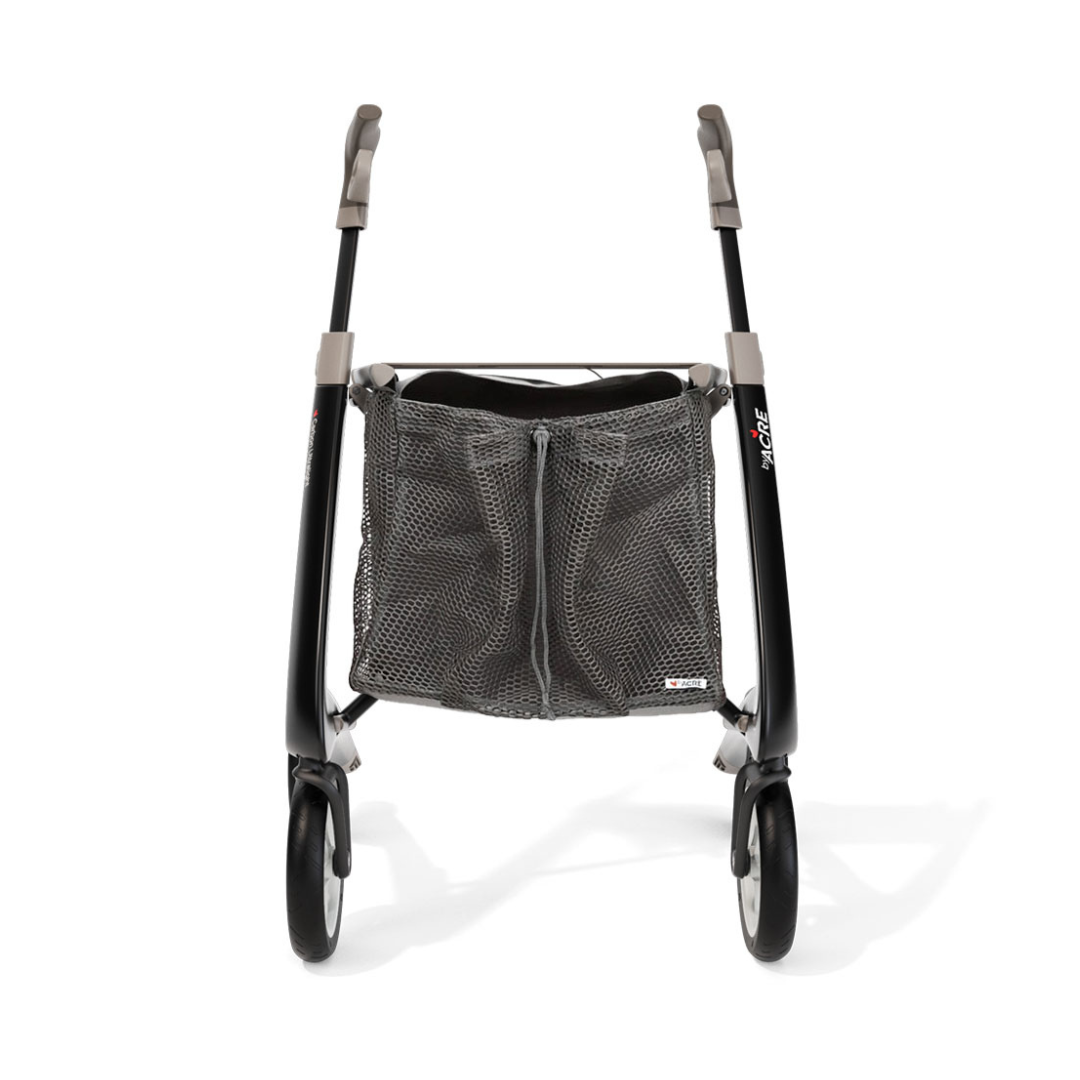 The Grocery Bag for byACRE Carbon Fiber Rollators is a lightweight, black mesh bag that attaches to your walker, ideal for carrying essentials and accessories on the go.
