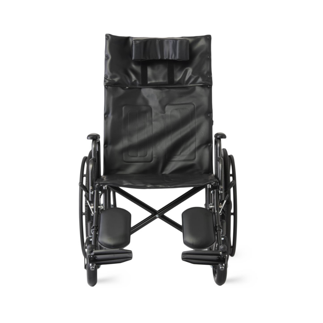 A Medline Guardian Extra-Wide Bariatric Reclining Wheelchair in black is shown from the front, unoccupied, with elevated leg rests, armrests, and a high backrest with head support, set against a plain white background.