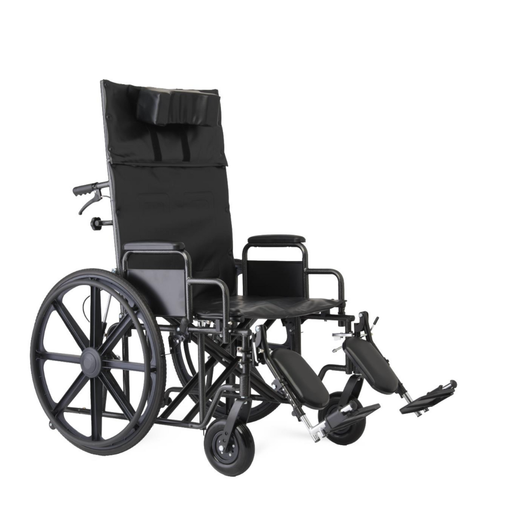 A black Medline Guardian Extra-Wide Bariatric Reclining Wheelchair with a tall backrest, cushioned head support, armrests, and elevated leg rests is shown against a white background.