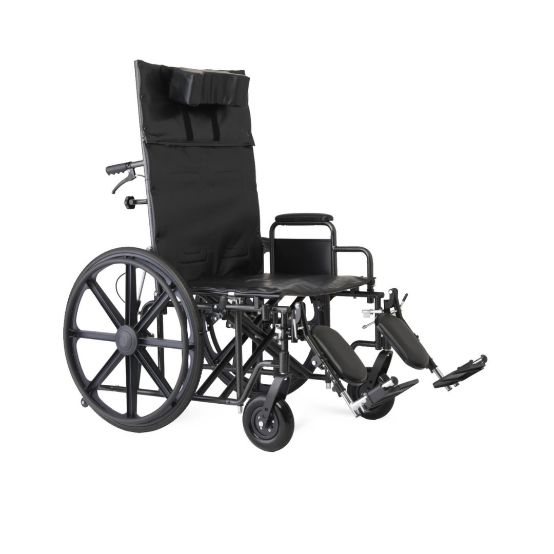 A Medline Guardian Extra-Wide Bariatric Reclining Wheelchair in black features a tall backrest, headrest cushion, large rear wheels, small front wheels, angled footrests, and elevated padded leg rests. The chair appears ready for use.