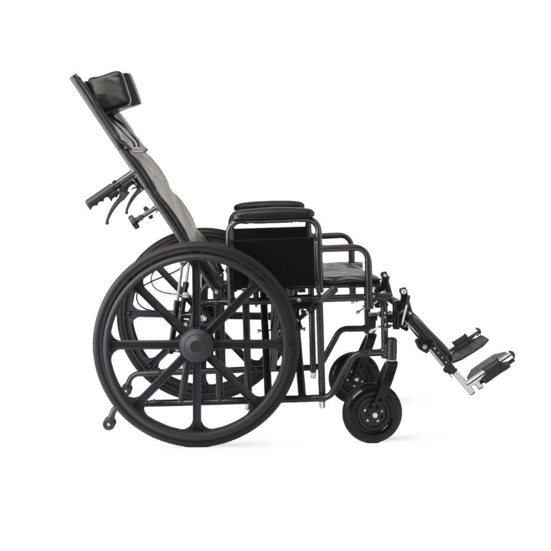 The Medline Guardian Extra-Wide Bariatric Reclining Wheelchair features large rear wheels, small front casters, elevated footrests, padded seat and armrests for comfort, and a reclining backrest for enhanced support.