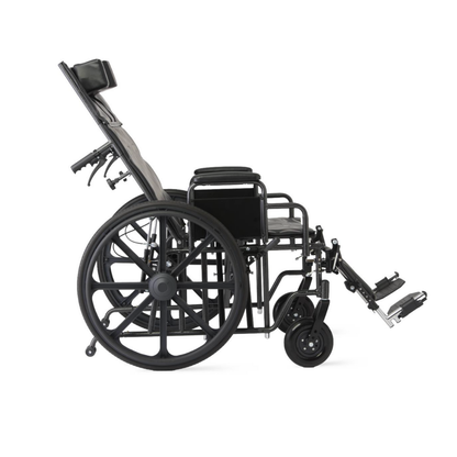 The Medline Guardian Extra-Wide Bariatric Reclining Wheelchair features large rear wheels, small front casters, elevated footrests, padded seat and armrests for comfort, and a reclining backrest for enhanced support.