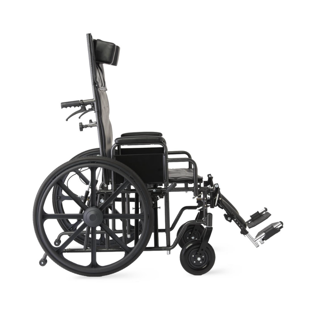 A Medline Guardian Extra-Wide Bariatric Reclining Wheelchair in black, featuring large rear wheels, smaller front wheels, a headrest, armrests, and elevated footrests; side view on a white background.
