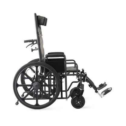 A Medline Guardian Extra-Wide Bariatric Reclining Wheelchair in black, featuring large rear wheels, smaller front wheels, a headrest, armrests, and elevated footrests; side view on a white background.