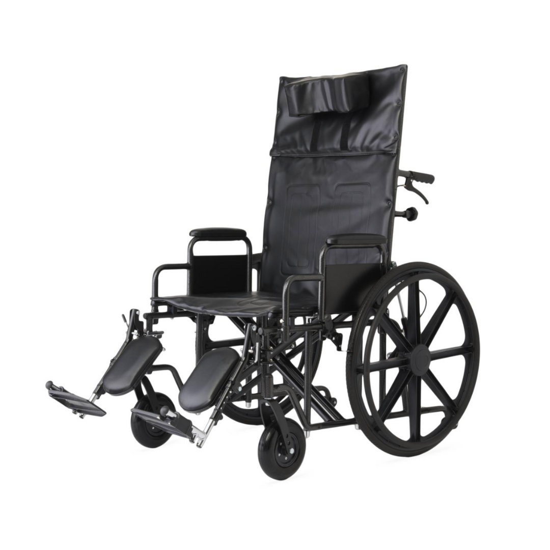 A Medline Guardian Extra-Wide Bariatric Reclining Wheelchair with elevated leg rests, padded armrests, and a high backrest with detachable head pillow is displayed against a plain white background.
