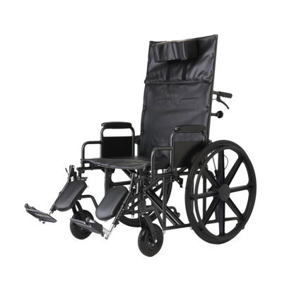 A Medline Guardian Extra-Wide Bariatric Reclining Wheelchair with elevated leg rests, padded armrests, and a high backrest with detachable head pillow is displayed against a plain white background.