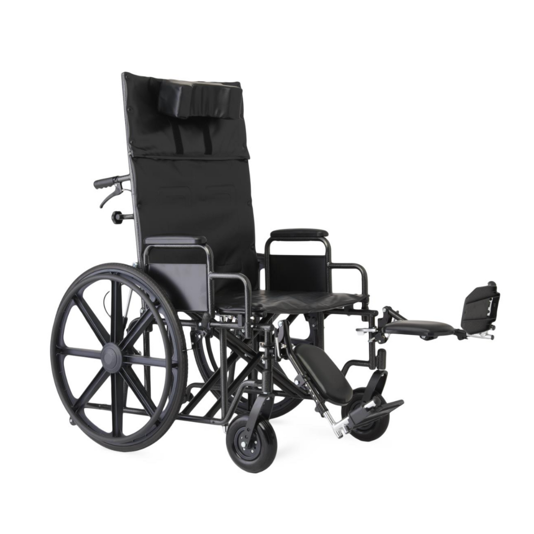The Medline Guardian Extra-Wide Bariatric Reclining Wheelchair is black, features a high backrest, armrests, elevated leg rests, large rear wheels and small front wheels for maximum comfort and mobility support.