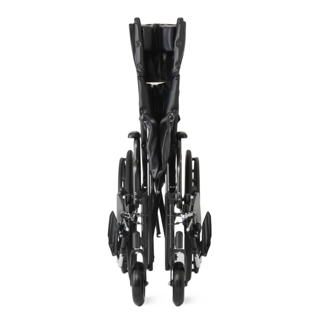 A Medline Guardian Extra-Wide Bariatric Reclining Wheelchair in black, viewed from the front, is shown folded upright with visible footrests and wheels.