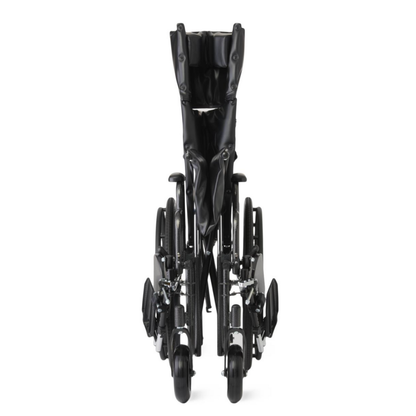 A Medline Guardian Extra-Wide Bariatric Reclining Wheelchair in black, viewed from the front, is shown folded upright with visible footrests and wheels.