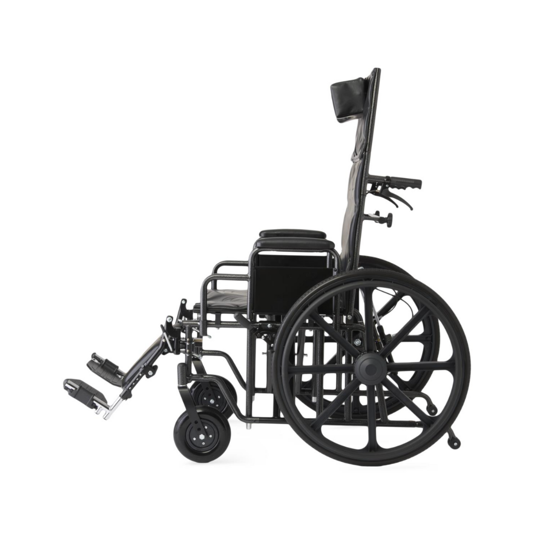 A Medline Guardian Extra-Wide Bariatric Reclining Wheelchair with large rear wheels, small front wheels, armrests, footrests, and a cushioned backrest is shown in side profile on a plain white background.