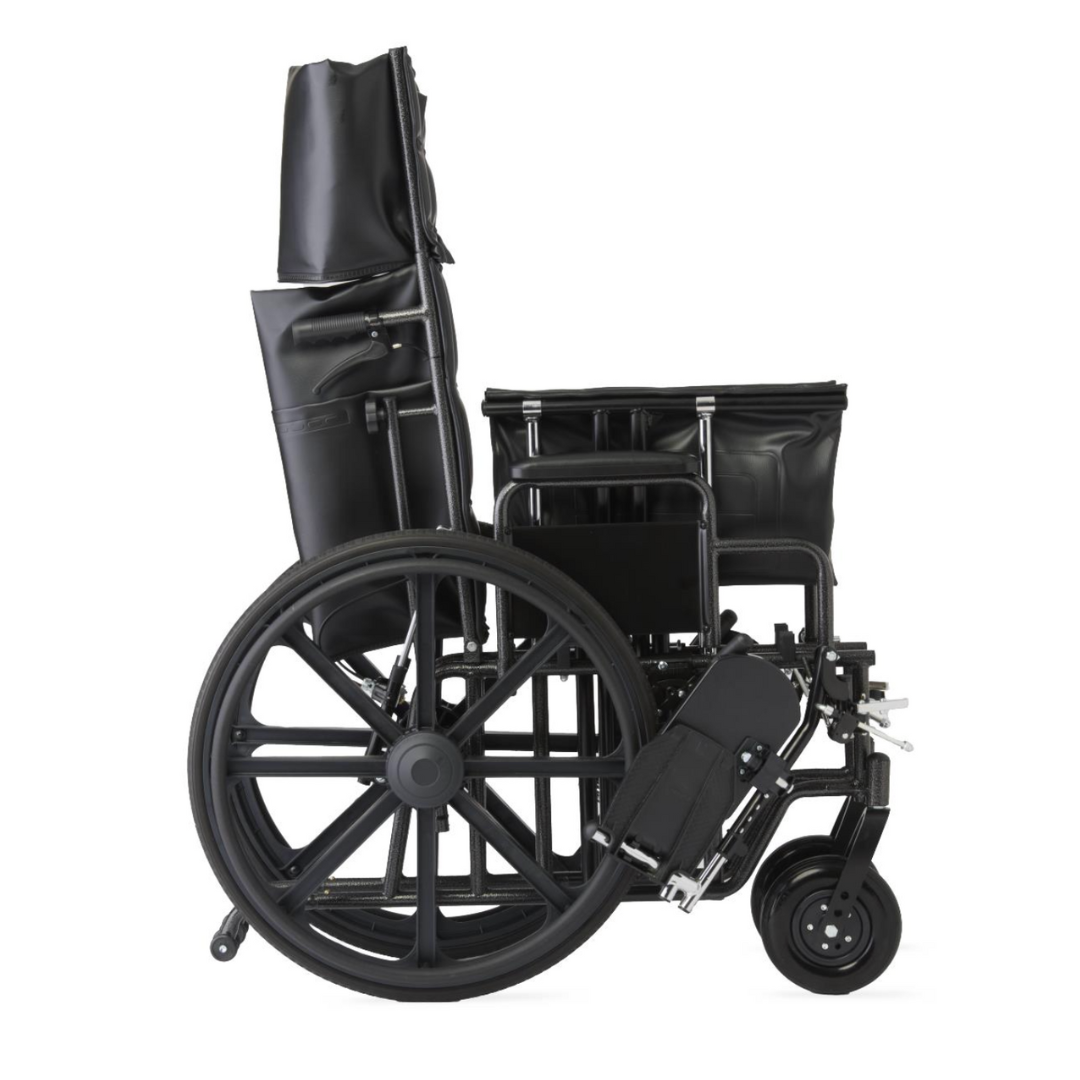 A Medline Guardian Extra-Wide Bariatric Reclining Wheelchair is shown folded for storage or transport, viewed from the side on a white background. The seat, backrest, and footrests are compactly aligned.