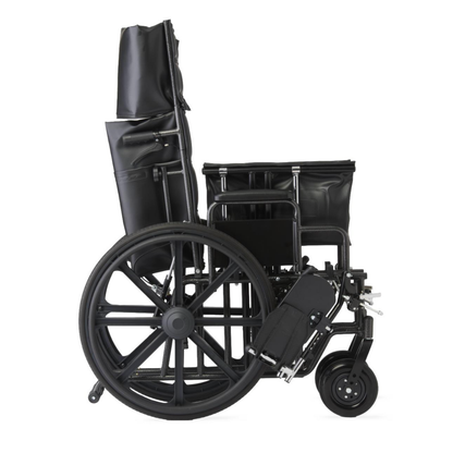 A Medline Guardian Extra-Wide Bariatric Reclining Wheelchair is shown folded for storage or transport, viewed from the side on a white background. The seat, backrest, and footrests are compactly aligned.