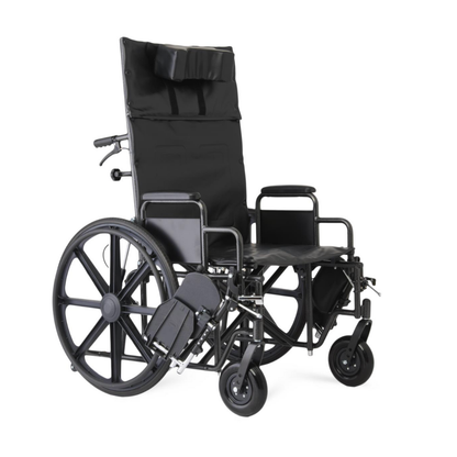 The Medline Guardian Extra-Wide Bariatric Reclining Wheelchair features a high backrest, adjustable footrests, padded armrests, and large rear wheels for improved mobility and comfort.