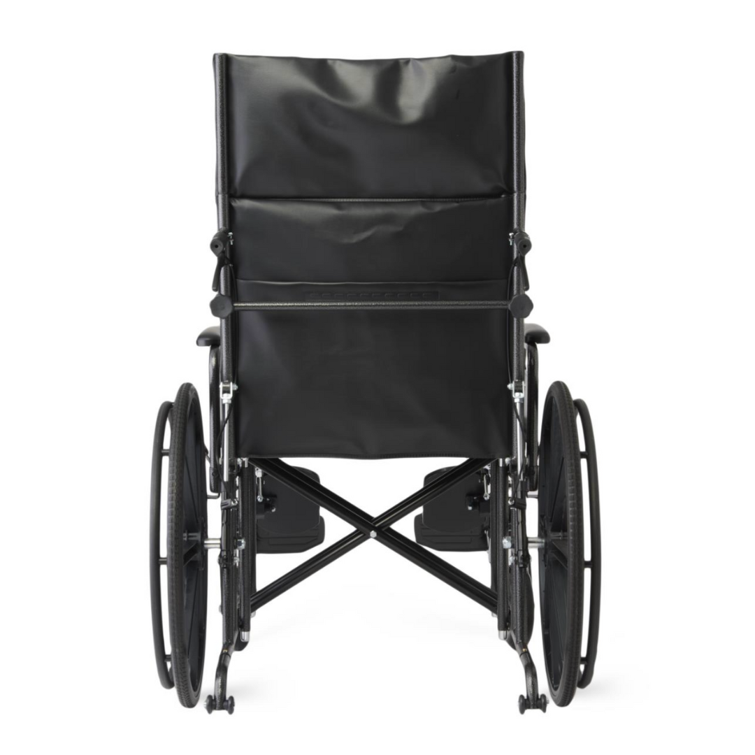 A Medline Guardian Extra-Wide Bariatric Reclining Wheelchair in black is shown from the back on a white background, highlighting its seat, backrest, large rear wheels, small front wheels, and armrests.
