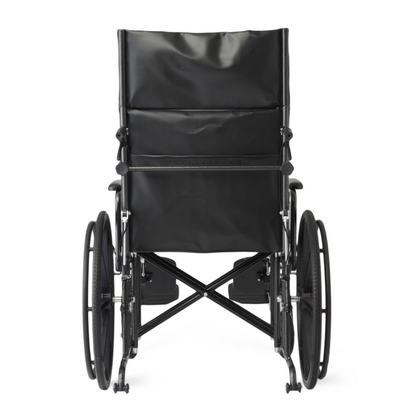 A Medline Guardian Extra-Wide Bariatric Reclining Wheelchair in black is shown from the back on a white background, highlighting its seat, backrest, large rear wheels, small front wheels, and armrests.