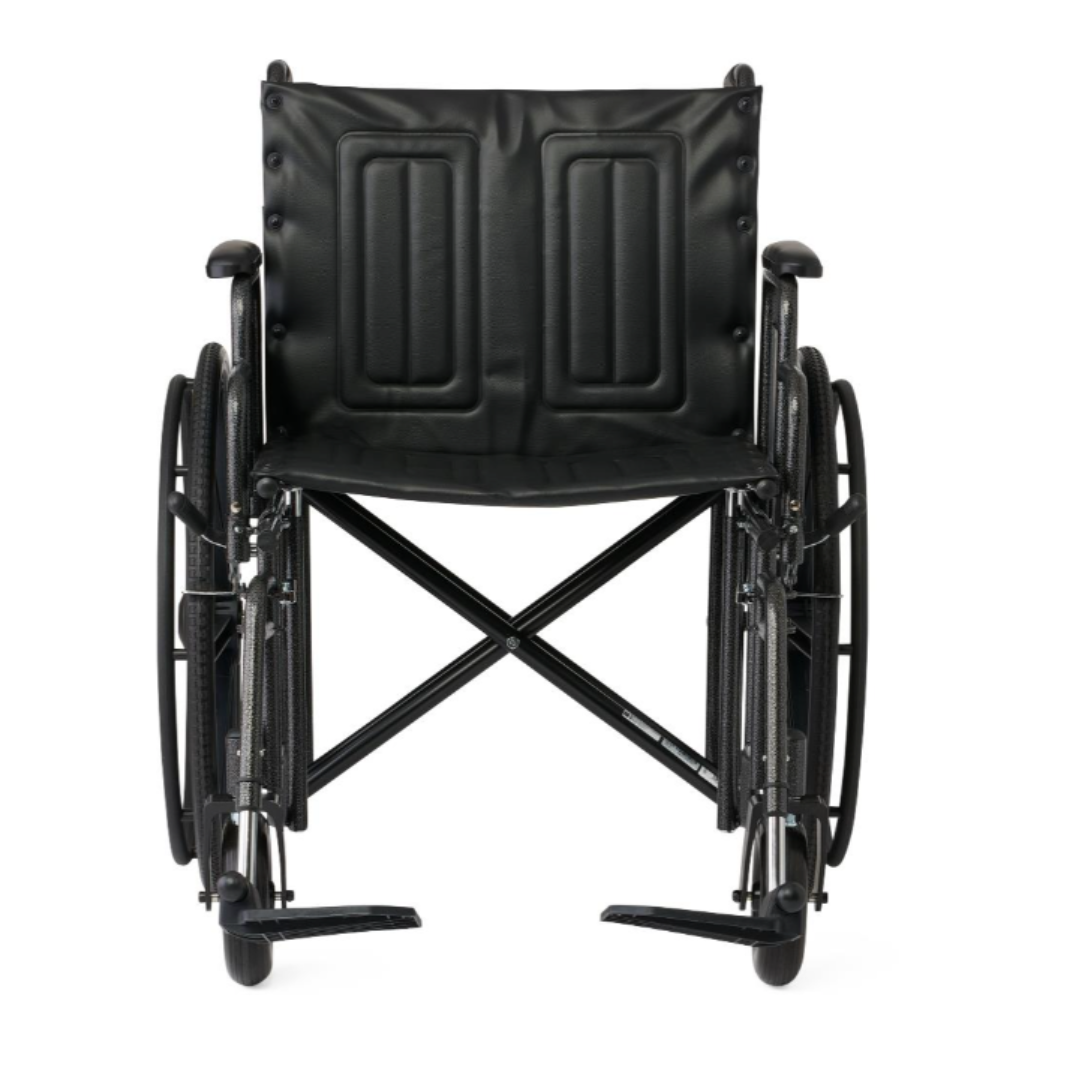 The Medline Guardian Extra-Wide Bariatric Wheelchair is a black manual chair with large rear wheels, footrests, padded seat and backrest, offering heavy-duty bariatric support for users up to 500 lbs.