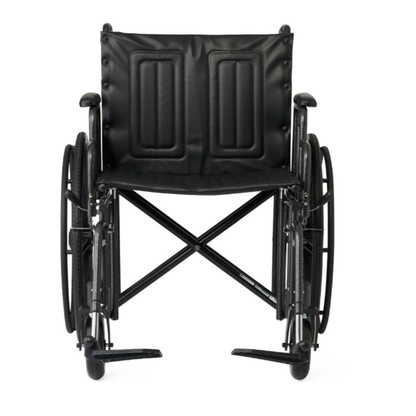 The Medline Guardian Extra-Wide Bariatric Wheelchair is a black manual chair with large rear wheels, footrests, padded seat and backrest, offering heavy-duty bariatric support for users up to 500 lbs.