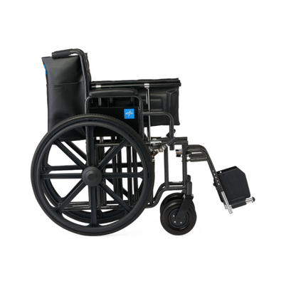 The Medline Guardian Extra-Wide Bariatric Wheelchair, shown from the side against a white background, is black with large rear wheels, smaller front wheels, and footrests. Supports up to 500 lbs for reliable heavy-duty comfort.