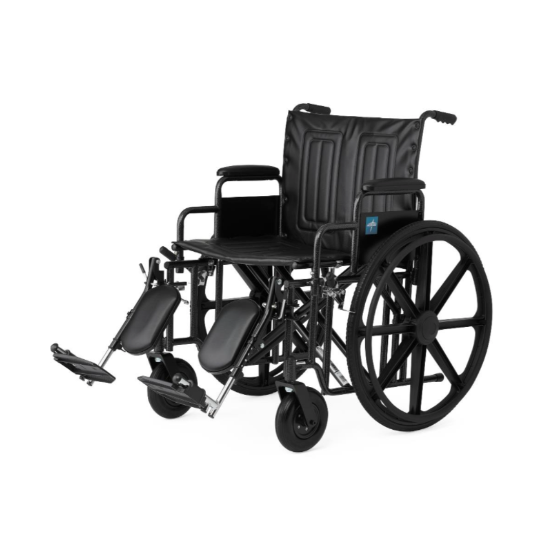 The Medline Guardian Extra-Wide Bariatric Wheelchair is a black manual chair with elevated leg rests, large rear wheels, and padded seat/backrest, designed for comfort and bariatric support up to 500 lbs.