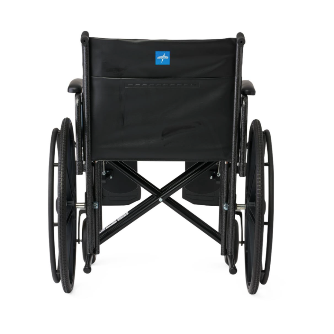 The Medline Guardian Extra-Wide Bariatric Wheelchair, shown from the back, features large rear wheels, small front wheels, a black seat back with a blue and white logo, and supports up to 500 lbs for heavy-duty bariatric use.